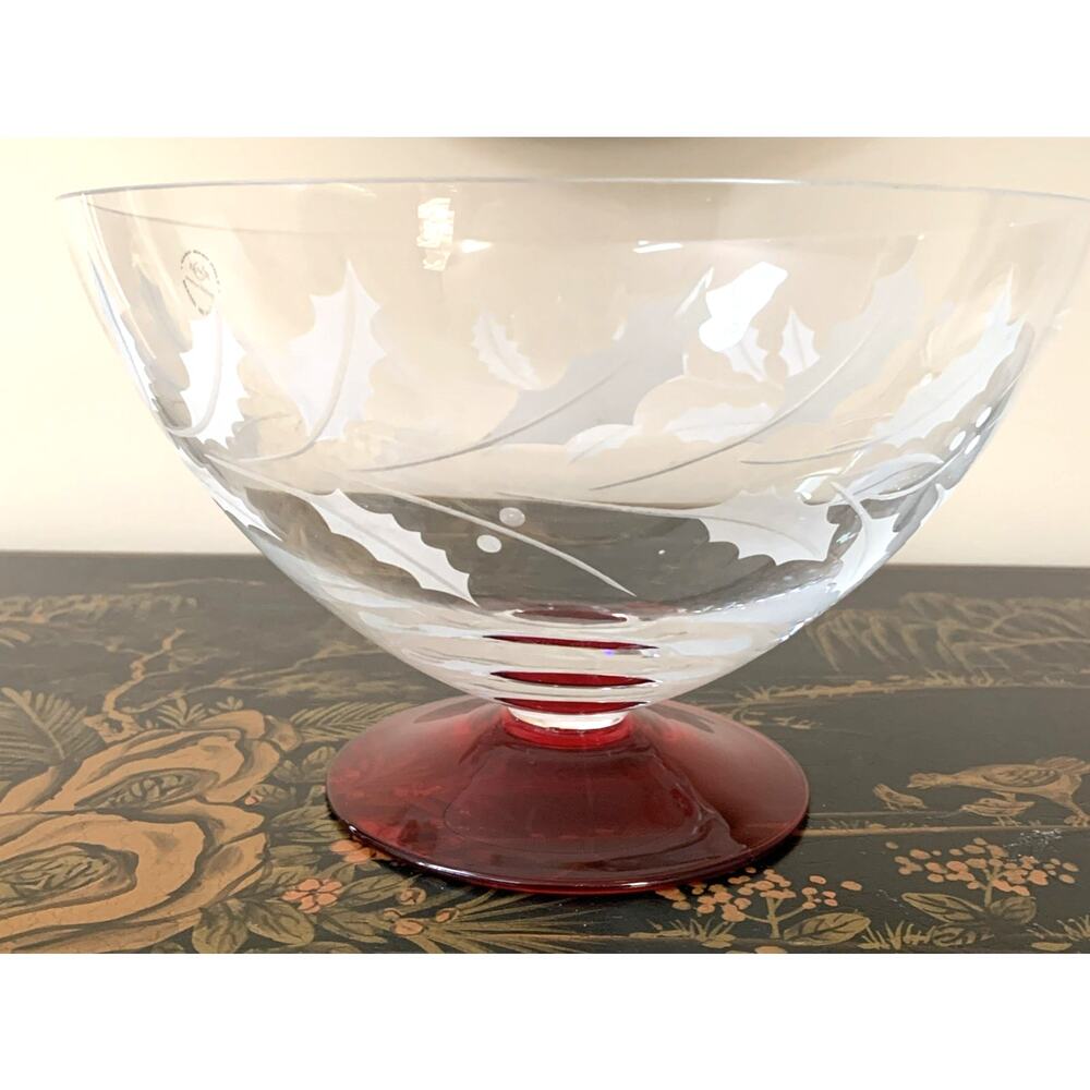 Lenox Crystal Holiday Etched Bowl Ruby Red Foot Holly Leaves Collection 9 1/4”